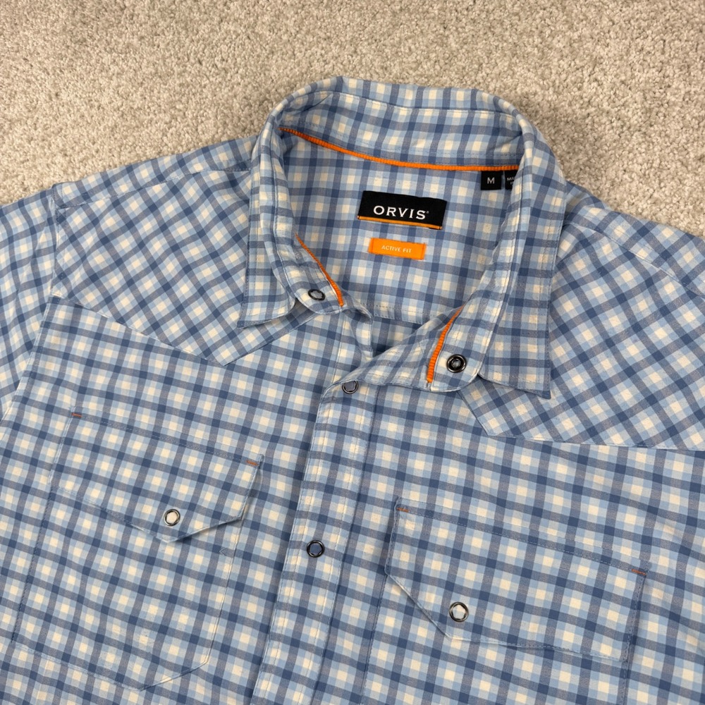 Orvis Button Down Shirt Mens M Blue Gingham‎ Plaid Active Fit Western Snap Front
